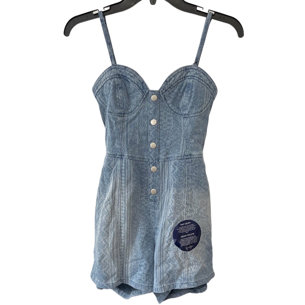 Jessica Simpson Denim Romper Women’s XS Open Back Pockets faux snap front